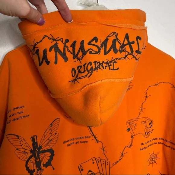 MENS NEON ORANGE UNUSUAL ORIGINAL GRIMM REAPER BARB WIRE SKULL GOTH HOODIE SZ L - Picture 7 of 9